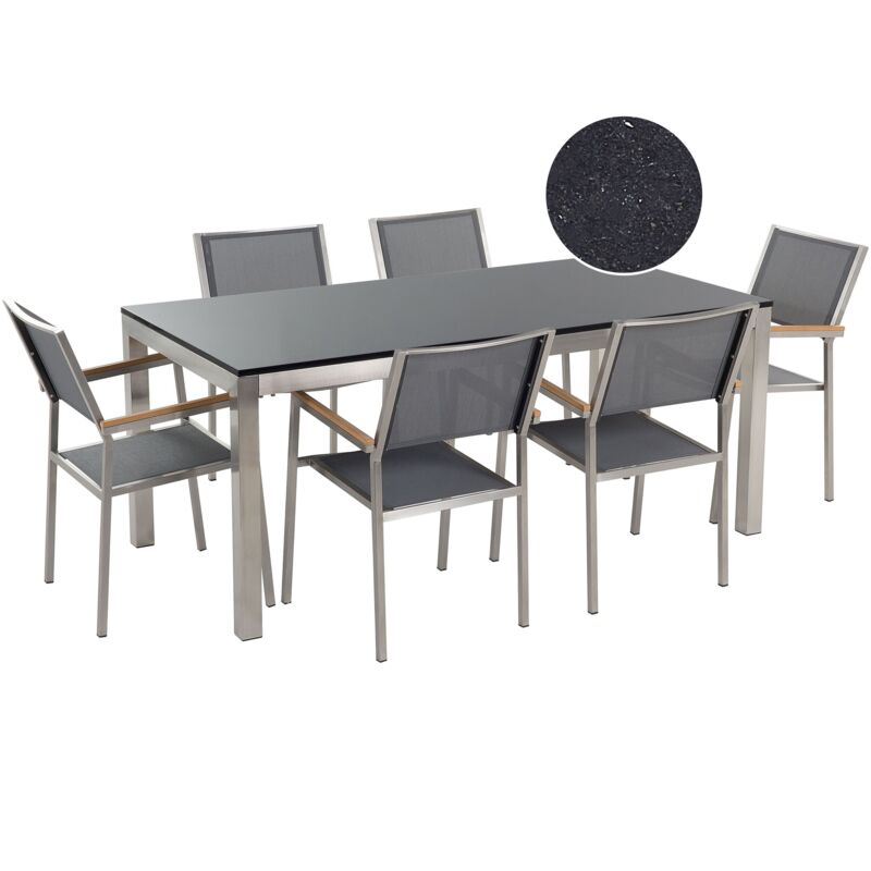 6 Seater Garden Dining Set Single Black Granite Top Grey Chairs Grosseto
