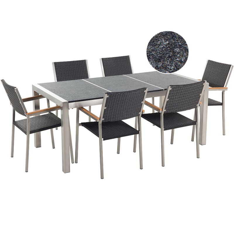 6 Seater Garden Dining Set Triple Black Flamed Granite Top Rattan Chair Grosseto