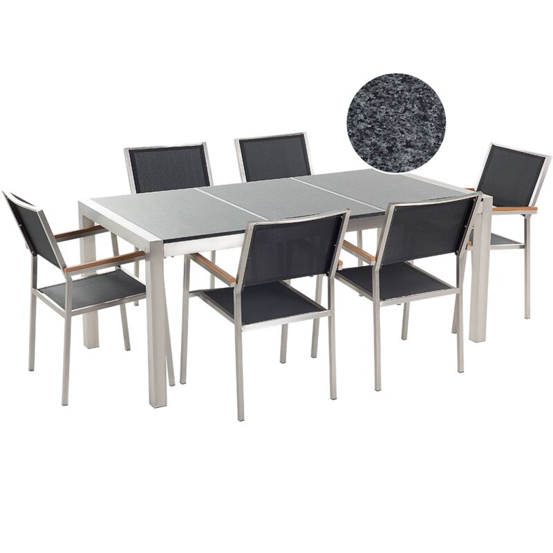 6 Seater Garden Dining Set Triple Grey Granite Top Black Chairs Grosseto