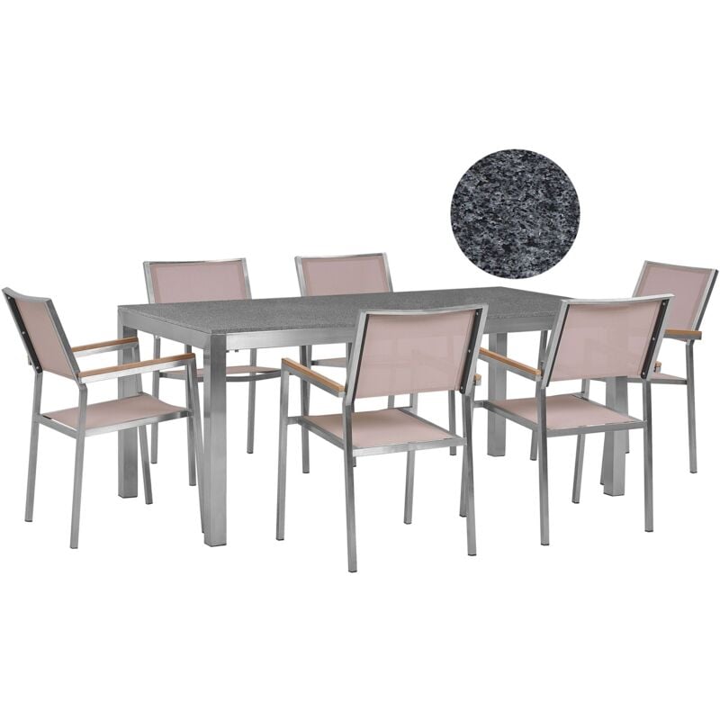 6 Seater Garden Dining Set Single Grey Granite Top Beige Chairs Grosseto