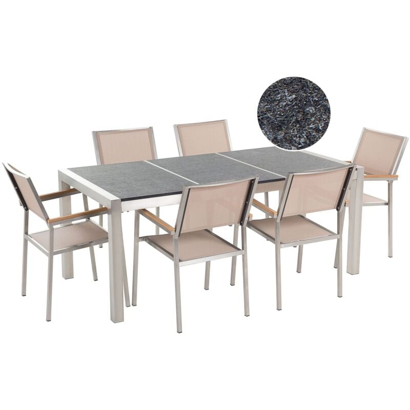 6 Seater Garden Dining Set Triple Black Flamed Granite Top Beige Chairs Grosseto