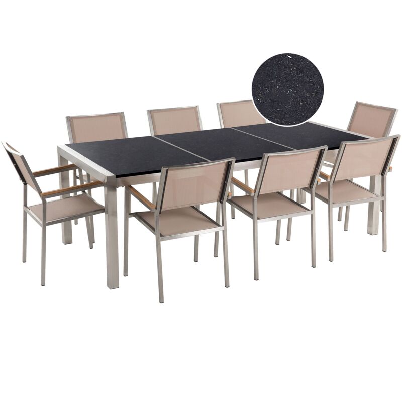 Garden Dining Set 8 Seater GROSSETO Triple Plate Granite Polished Black/ Beige