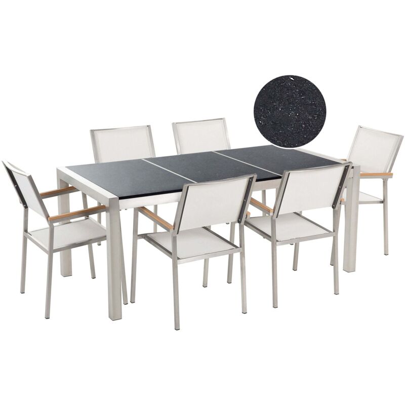 Garden Dining Set 6 Seater GROSSETO Triple Plate Granite Polished Black/ White