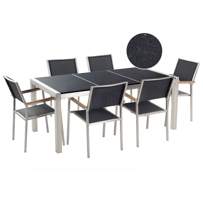 Garden Dining Set 6 Seater GROSSETO Triple Plate Granite Polished Black