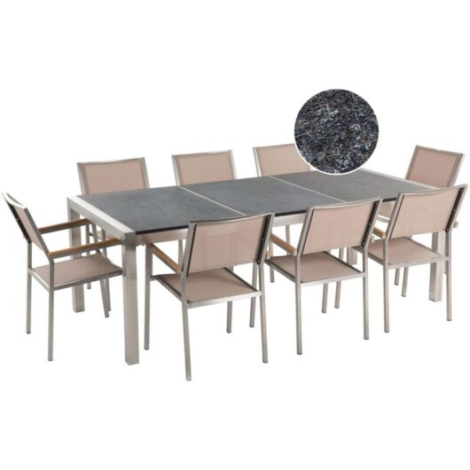 Garden Dining Set Beige with Flamed Granite Table Top 8 Seats 220 x 100 cm GROSSETO