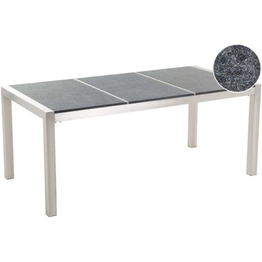 Garden Dining Table Grey and Silver Granite Table Top Stainless Steel Legs Outdoor Resistances 6 Seater 180 x 90 x 74 cm GROSSETO
