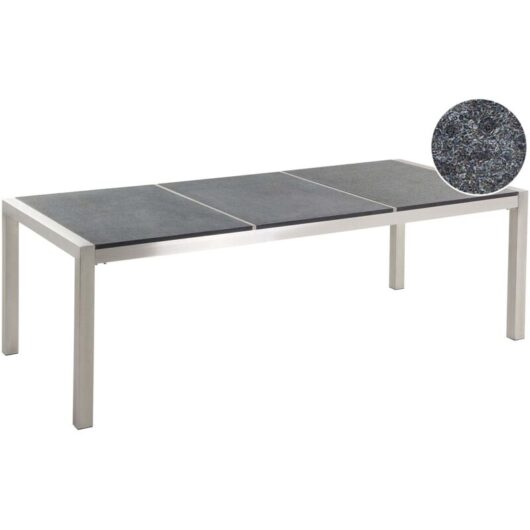 Garden Dining Table Grey and Silver Granite Table Top Stainless Steel Legs Outdoor Resistances 8 Seater 220 x 100 x 74 cm GROSSETO