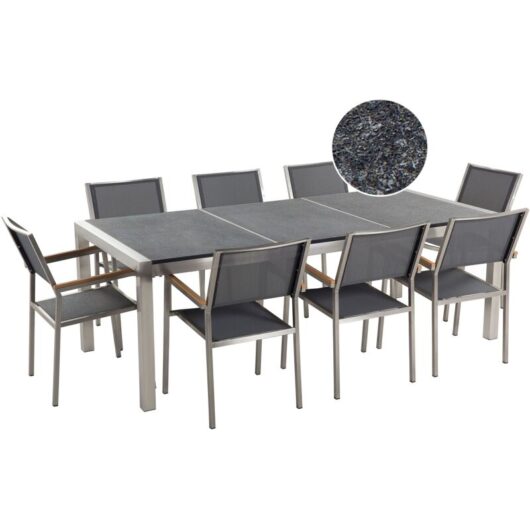 Garden Dining Set 8 Seater GROSSETO Triple Plate Granite Flamed Black/ Grey