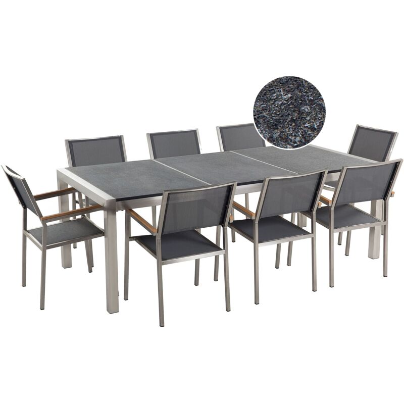 Garden Dining Set 8 Seater GROSSETO Triple Plate Granite Flamed Black/ Grey